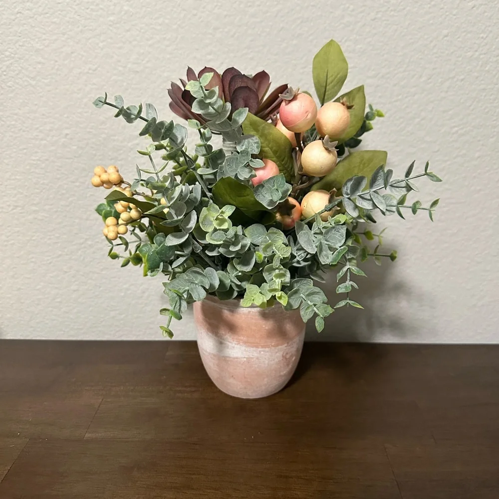 Elegant Faux Floral Arrangement in Terra Cotta style Vase